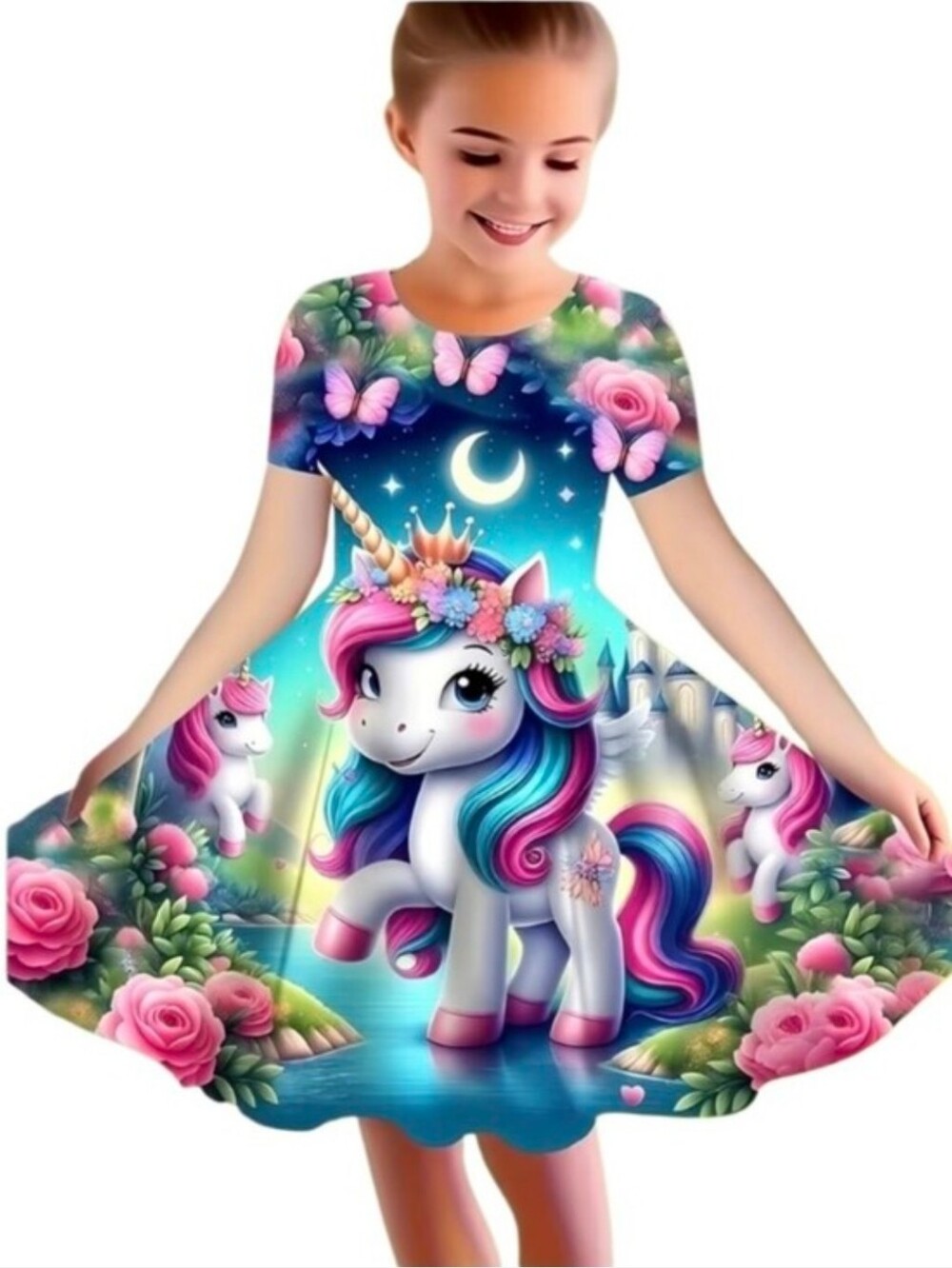 Magical Unicorn Print Kids Dress - Pink & Blue